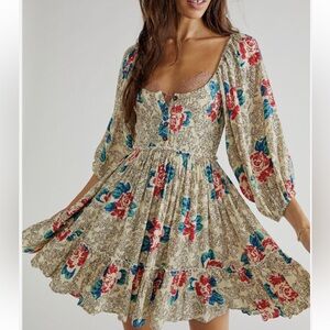 Free People Women's Summer Picnic Printed Mini Dress in Cream Size XL Floral